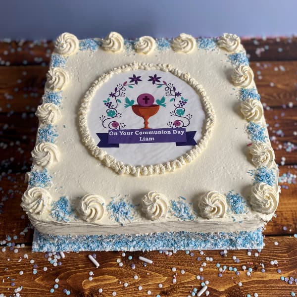Large Communion Cake with Blue Sprinkles