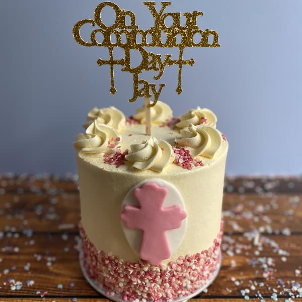 Tall Tier Communion Pink Tall First Holy Communion Cake with Pink Sprinkles