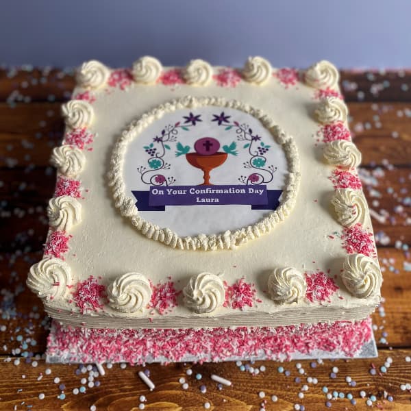 12 inch Communion Cake Pink 2024 edited Large Communion Cake with Pink Sprinkles