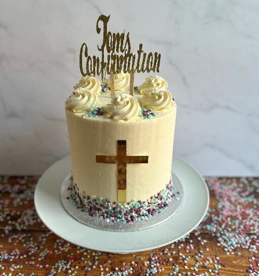 Boys Tall Tier Confirmation Cake edited Tall Tier Confirmation cake with Blue Sprinkles