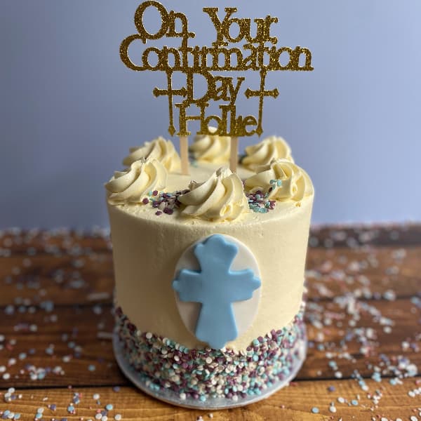 Confirmation Cake with Custom Topper